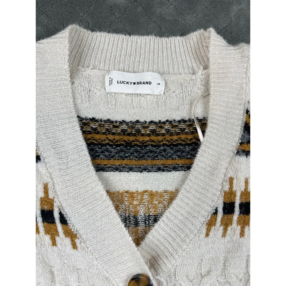 Lucky Brand Women's‎ Cream Aztec Cable Knit Long Cardigan Sweater 2X Boho